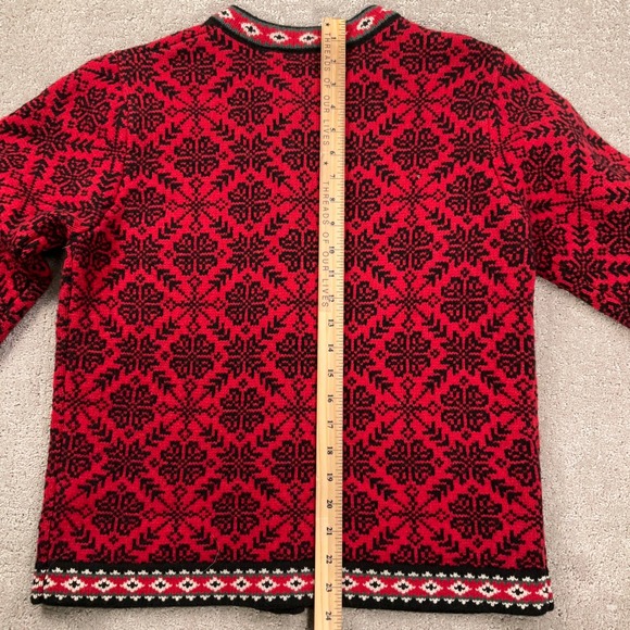 LL Bean Cardigan Women MR Red Black Nordic Fair Isle Lambswool Sweater VTG - Picture 10 of 11